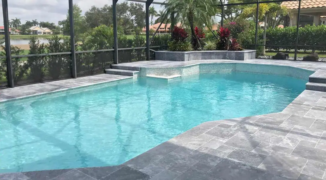 Pool with a Aqua Clear glass-bead finish, screened pool with a light, tropical water color