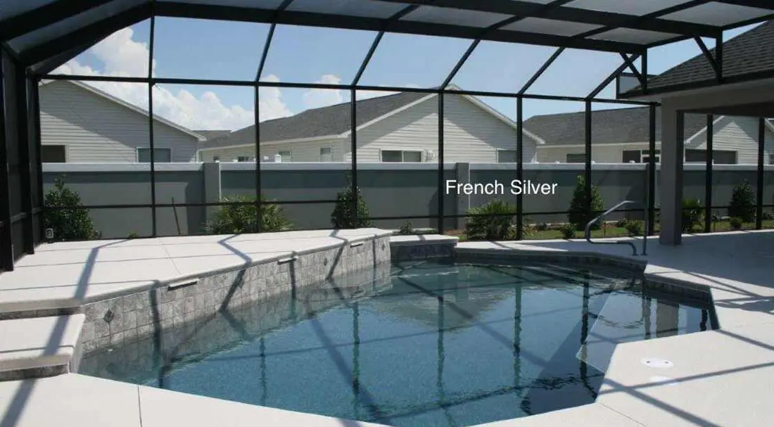 Pool with a French Silver glass-bead finish, screen-enclosed pool and spa